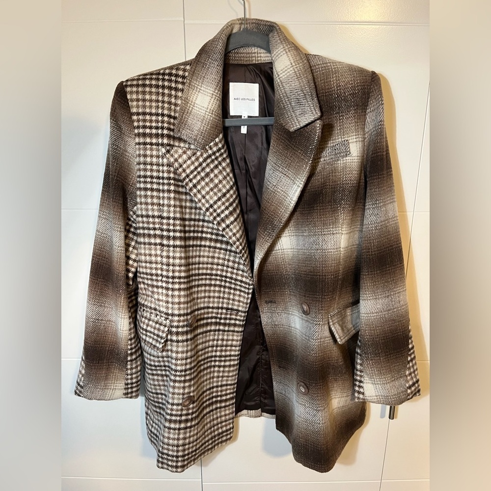 Avec Les Filles Brown Plaid Double Breasted Blazer Women’s M - Picture 4 of 15